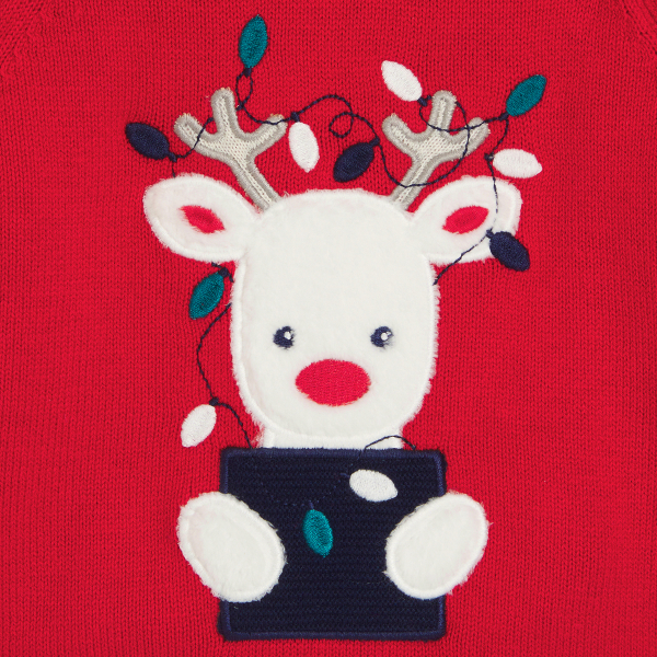 سترة منسوجة من التريكو عليها حيوان الرّنّة أحمر أولادي رُضع